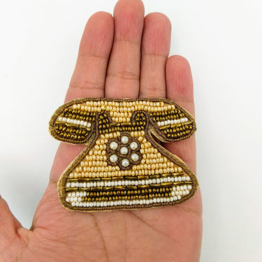 Retro Telephone Beaded Applique, Hand Embroidered In Beige, Bronze And Beige Beads